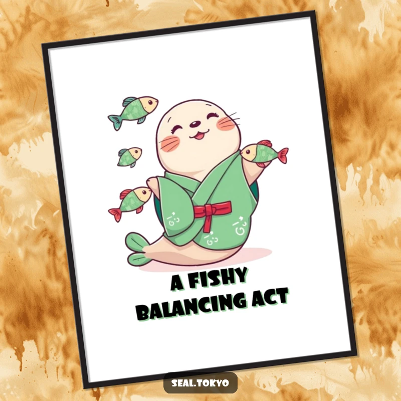 Funny seal in a green kimono playfully juggling three small fish, presented as a colorful and humorous poster for wall decoration.