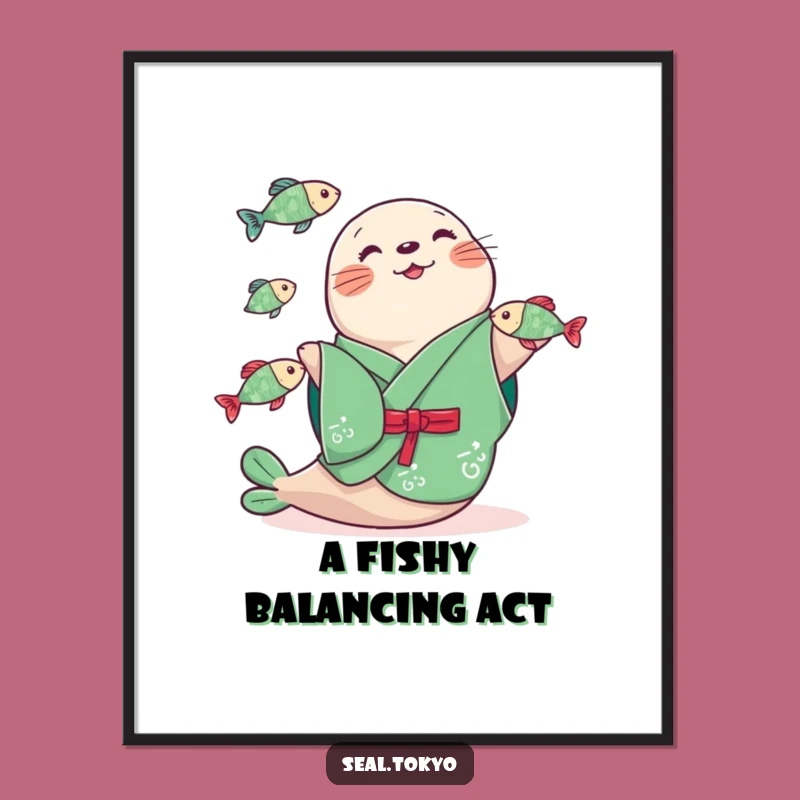 Funny Seal Juggling Fish Poster: Vibrant Wall Art for a Cheerful Home