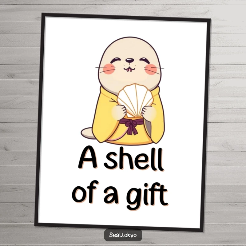 Funny curious seal in a yellow kimono holds out a beautiful seashell as a decorative poster, adding a touch of gentle art.