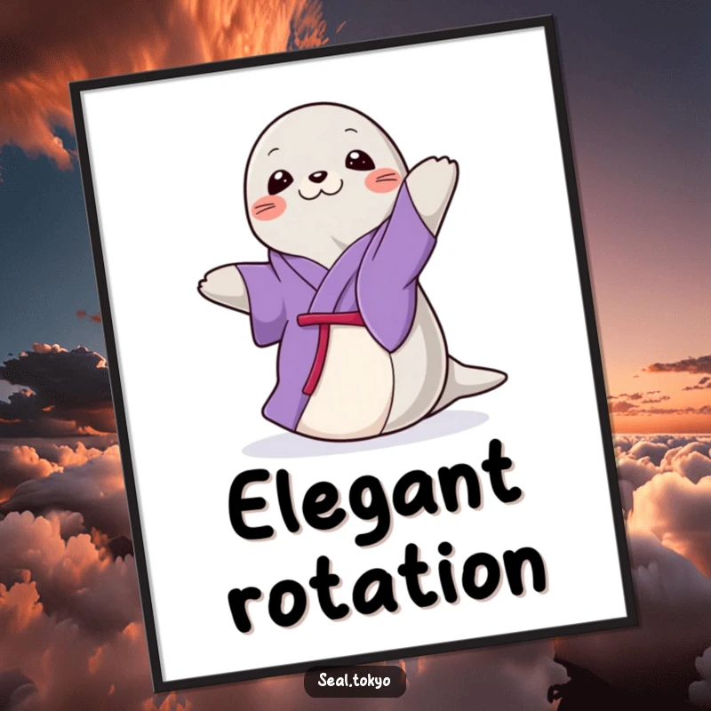 Funny Seal Poster: A graceful cartoon seal in a purple kimono, doing a gentle, elegant spin, ideal for sophisticated decor.