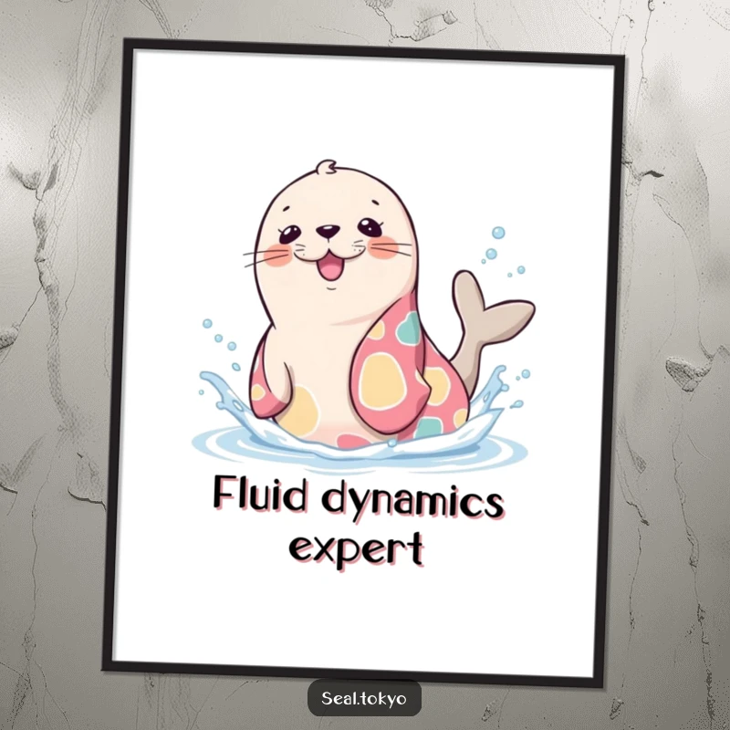 Funny Seal Poster: A cute cartoon seal in a vibrant kimono, playfully splashing water, bringing joy to walls.