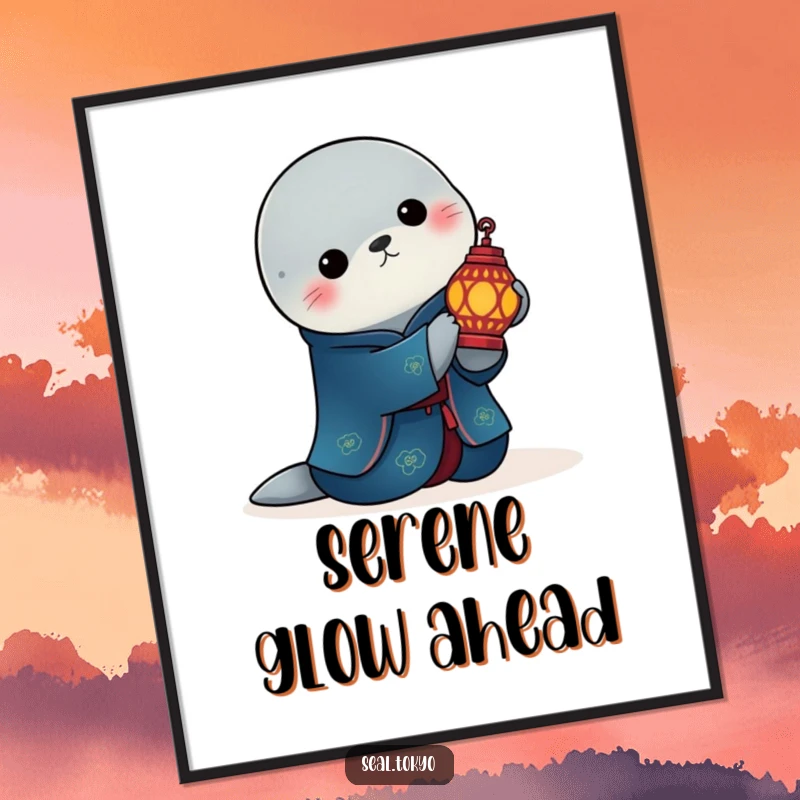 Funny elegant seal in a deep blue kimono holding a lit ornate lantern, presented as a serene and humorous poster for wall decor.
