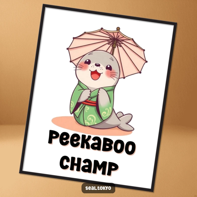 Funny Seal Poster: A delighted cartoon seal in a green kimono, curiously peeking from behind a parasol, ideal for playful decor.