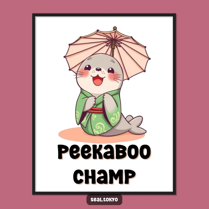 Funny Seal Peeking Poster: Green Kimono Seal, Artistic Funny Gift for Wall Decor