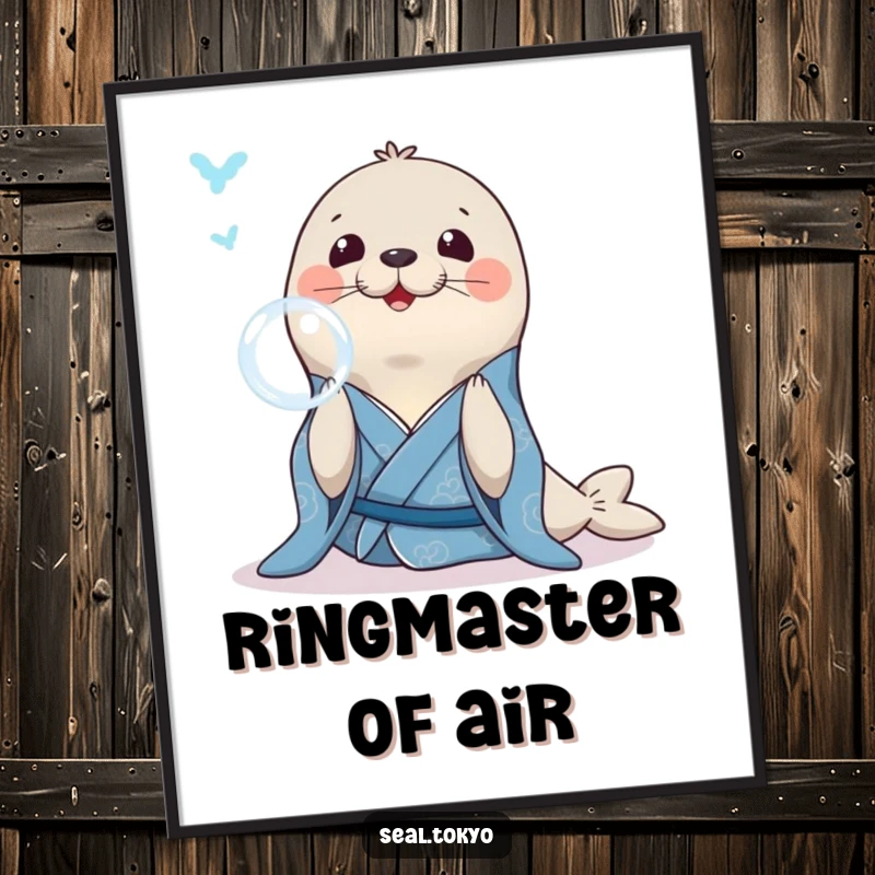 Funny Seal Poster: A smiling seal in a blue kimono, gracefully blowing a bubble ring, ideal for calm decor.