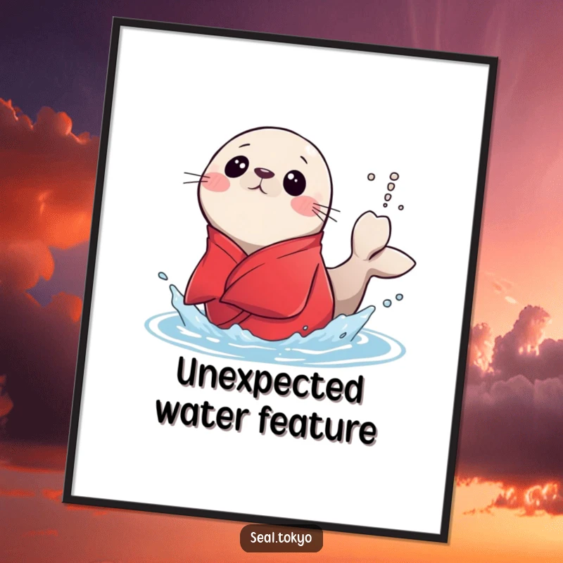 Funny surprised seal in a red kimono splashing water with its tail, presented as a dynamic and humorous poster for wall art.