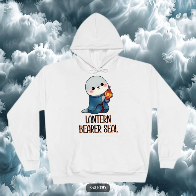 Funny elegant seal in a deep blue kimono holding a lit ornate lantern on a soft hoodie, offering comfort and serene humor.