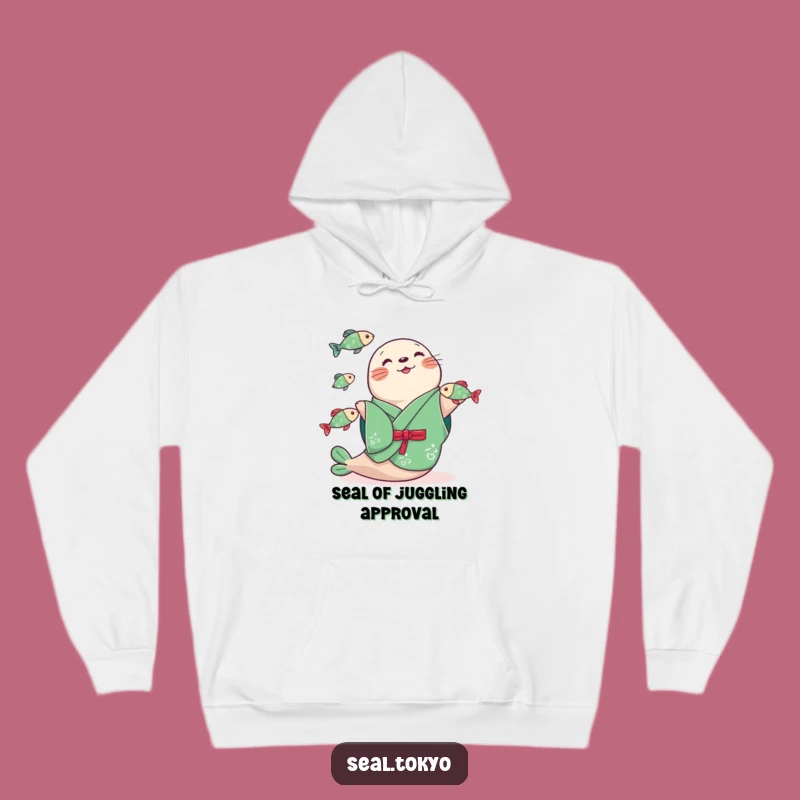 Funny Seal Juggling Fish Hoodie: Cozy Humor in a Green Kimono