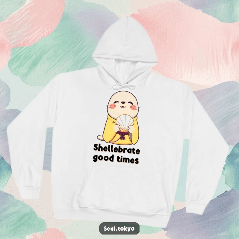 Funny curious seal in a yellow kimono presents a delicate seashell on a soft hoodie, blending warmth with oceanic-themed humor.
