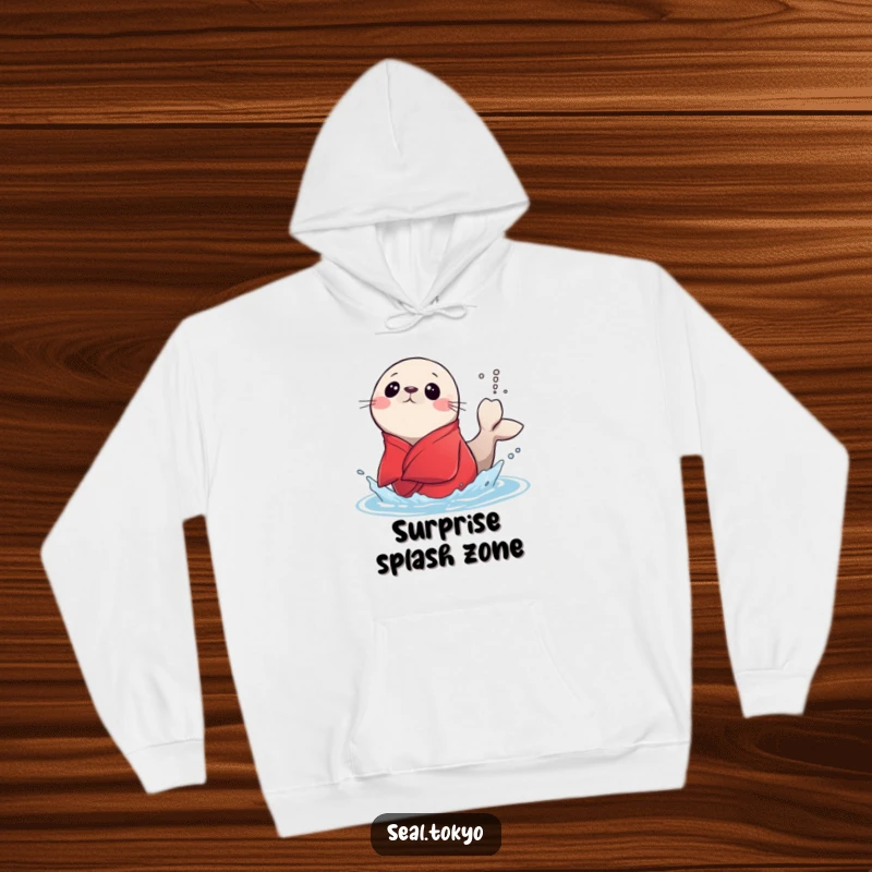 Funny surprised seal in a rich red kimono accidentally splashing water with its tail, designed on a comfortable hoodie, bringing humor and warmth.