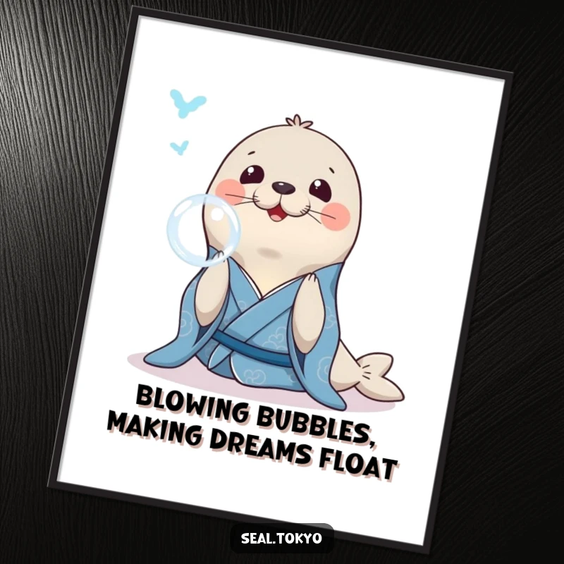 Funny Free Printable Wall Art: A smiling seal in a blue kimono gracefully blowing a perfect bubble ring, adding magic.