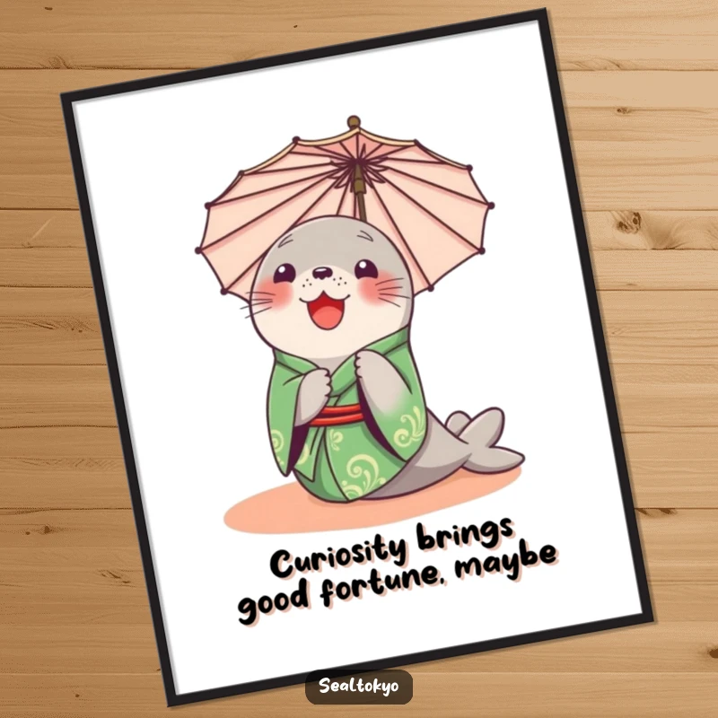 Funny Free Printable Wall Art: A delighted seal in a green kimono curiously peeking from behind a parasol, adding whimsy.