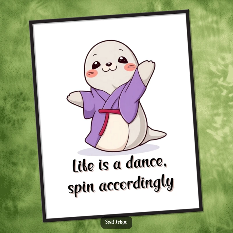 Funny Free Printable Wall Art: A graceful seal in a purple kimono doing an elegant spin, adding artistic charm.