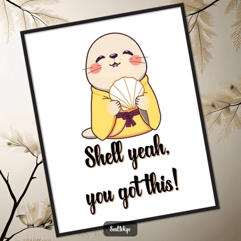 Free Printable Wall Art: Curious Seal Offering Seashell in Yellow Kimono - Coastal Decor