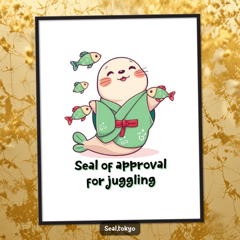 Funny Free Printable Wall Art: Cheerful Seal in Green Kimono Playfully Juggling Fish