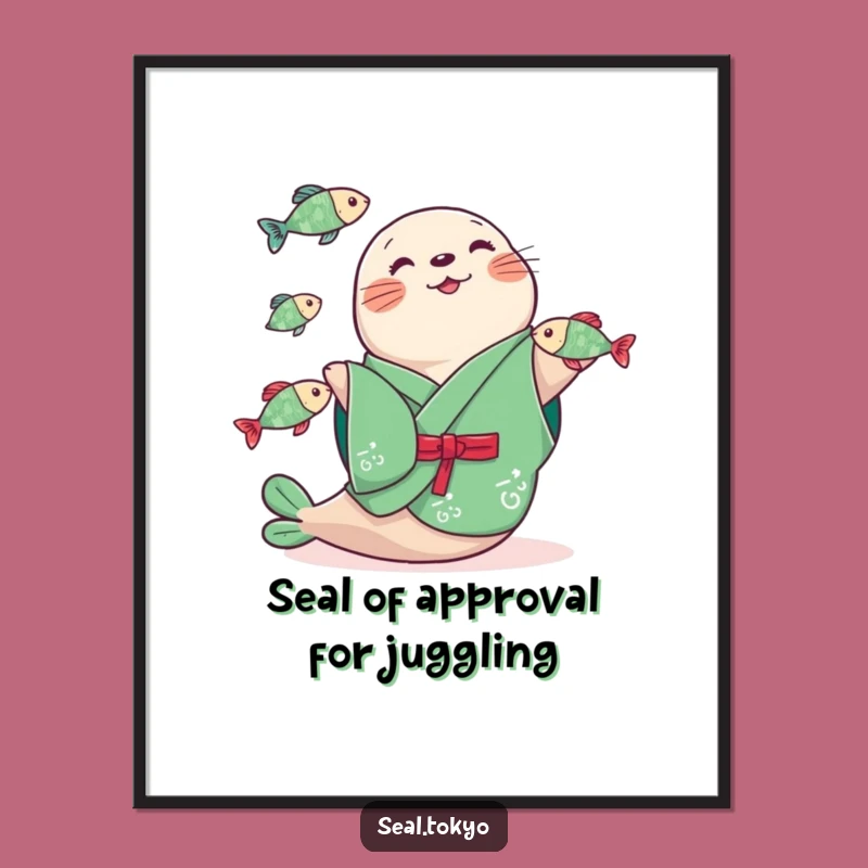 Funny Free Printable Wall Art: Juggling Seal in Green Kimono - Hilarious Downloadable Decor