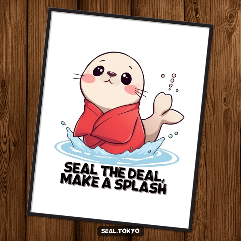 Funny Free Printable Wall Art: Surprised Seal in Red Kimono Accidentally Splashing Water