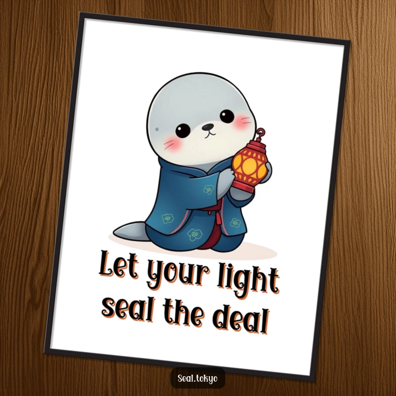Free Printable Wall Art: Elegant Seal in Blue Kimono Serenely Holding Lit Ornate Lantern