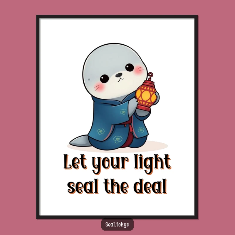 Free Printable Wall Art: Elegant Seal in Blue Kimono - Serene Lantern Downloadable Decor