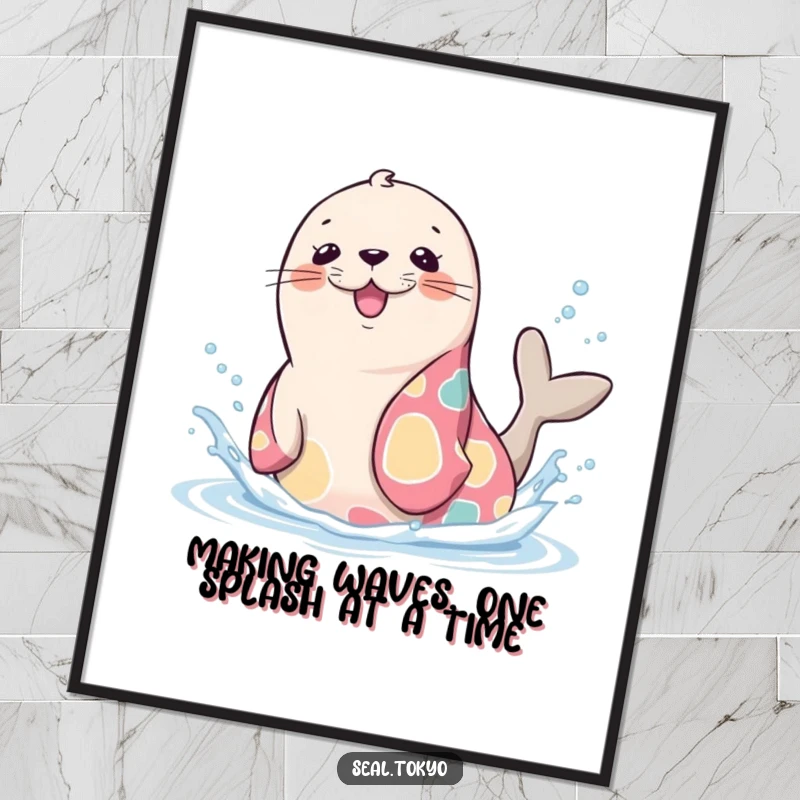 Funny Free Printable Wall Art: A cute cartoon seal in a colorful kimono joyfully splashing water, bringing beach vibes.
