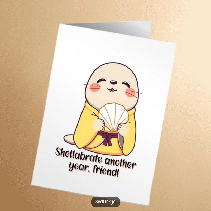 Free Printable Birthday Card: Curious Seal in Yellow Kimono Offering Seashell - Sweet Gesture