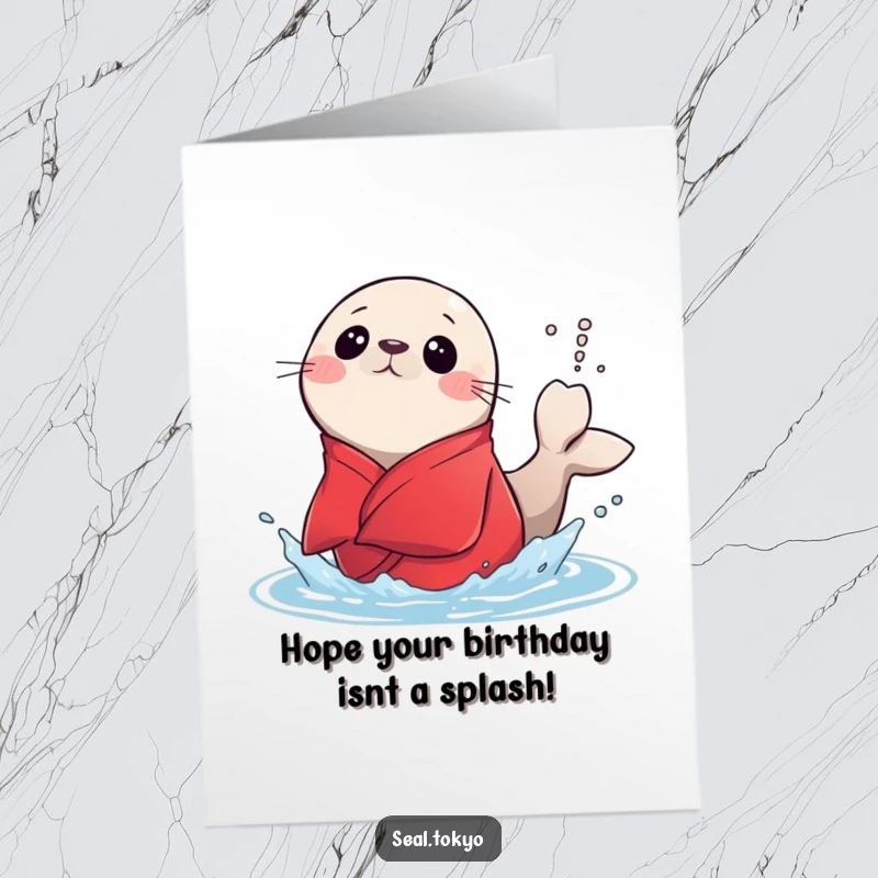 Funny Free Printable Birthday Card: Surprised Seal in Red Kimono Splashing Water - Unexpected Fun