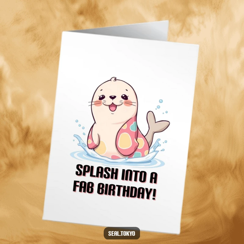 Funny Free Printable Birthday Card: Cute cartoon seal in a colorful kimono playfully splashing water with a big smile.