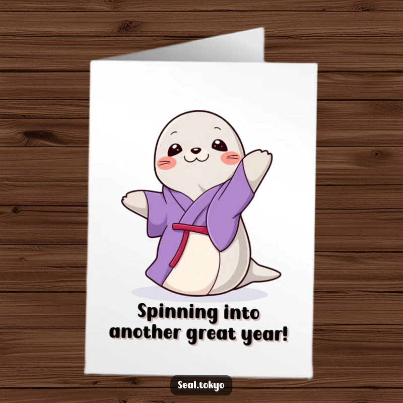 Funny Free Printable Birthday Card: Graceful seal in a purple kimono doing an elegant spin, celebrating with joy.