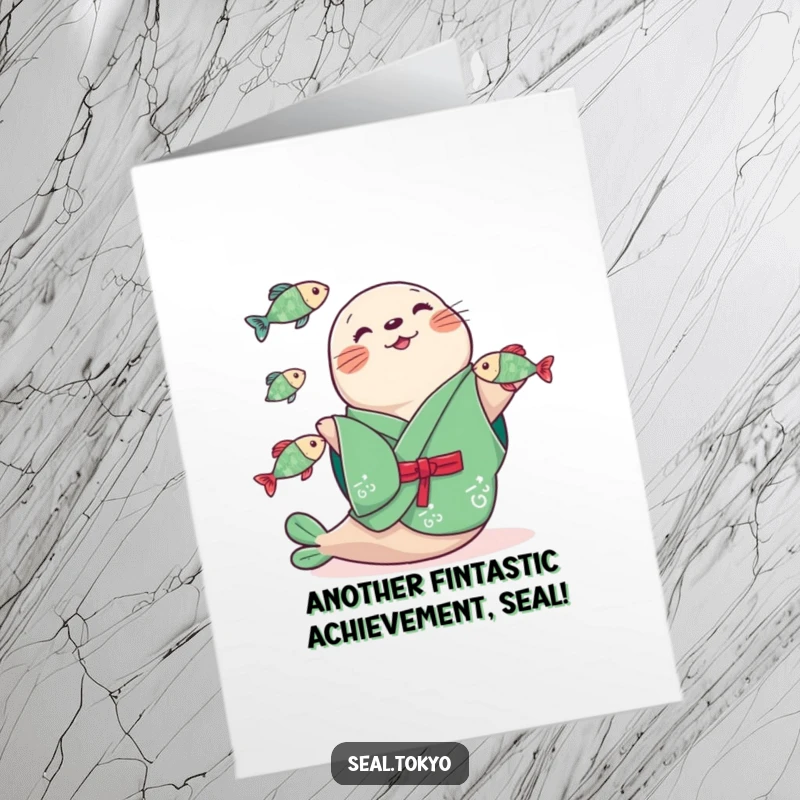 Funny Free Printable Congratulations Card: Seal in Green Kimono Juggling Fish - Celebrate