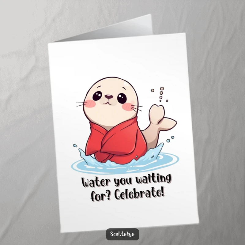 Funny Free Printable Congratulations Card: Seal Splashing Water in Red Kimono - Joyful Surprise