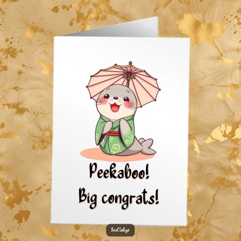 Funny Free Printable Congratulations Card: A delighted seal in a green kimono peeking curiously from behind a parasol, celebrating.