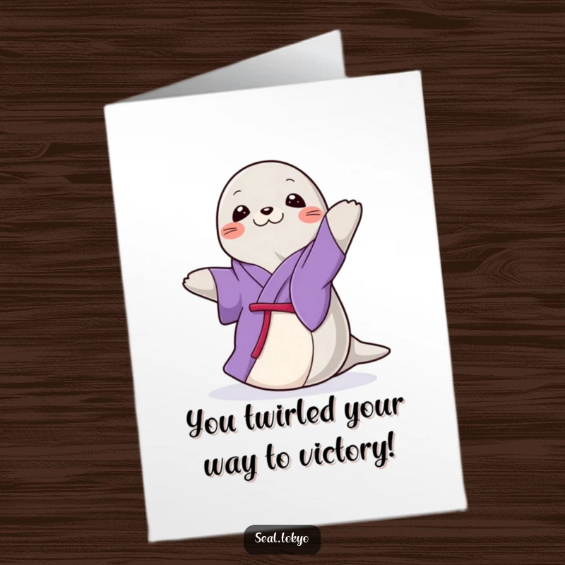 Funny Free Printable Congratulations Card: A graceful seal in a purple kimono performing an elegant spin, signifying success.