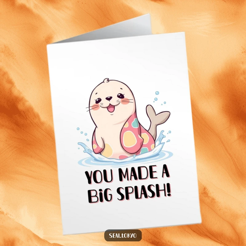 Funny Free Printable Congratulations Card: A cute seal in a vibrant kimono splashing water, celebrating achievements with glee.