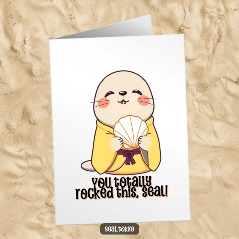 Free Printable Congratulations Card: Seal in Yellow Kimono Offering Seashell - Unique Greeting