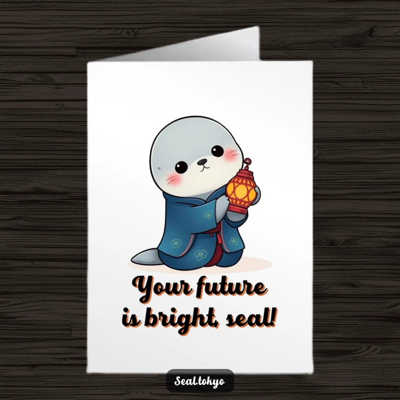 Free Printable Congratulations Card: Seal Holding Lantern in Blue Kimono - Sophisticated Greeting