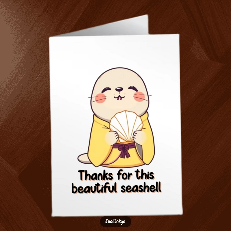 Free Printable Thank You Card: Curious Seal Offering Seashell in Yellow Kimono - Sincere Thanks