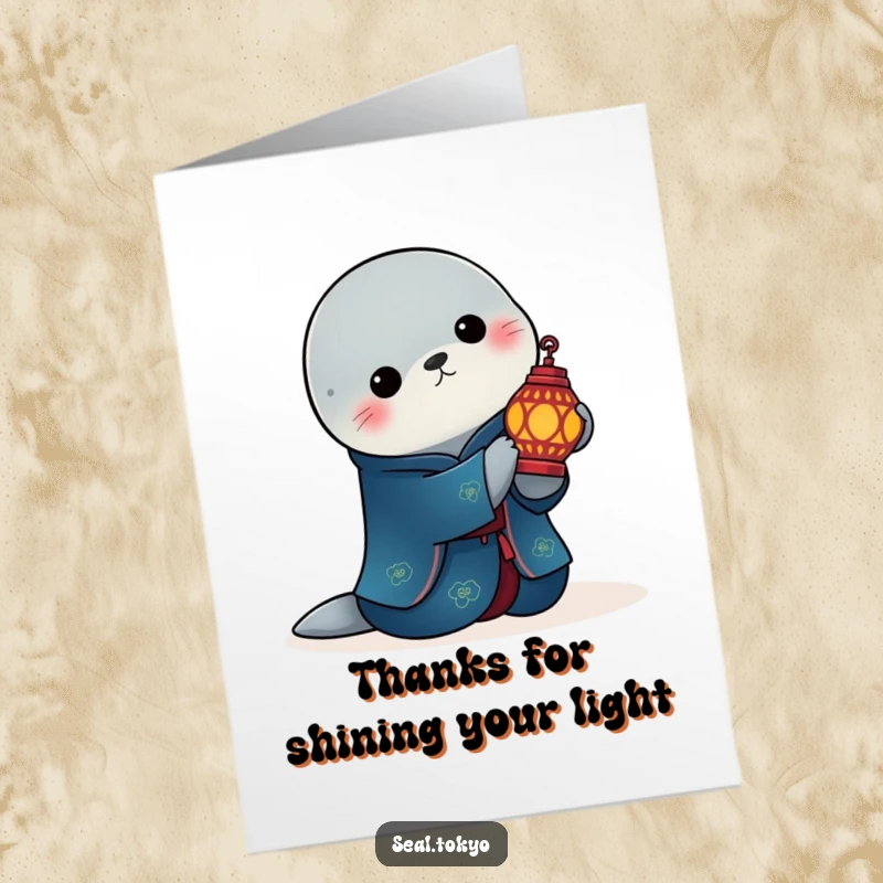 Free Printable Thank You Card: Elegant Seal with Lantern in Blue Kimono - Sincere Gratitude