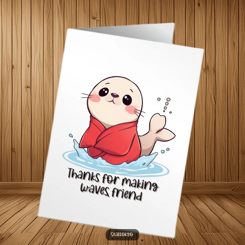 Funny Free Printable Thank You Card: Seal Splashing Water in Red Kimono - Cheerful Thanks