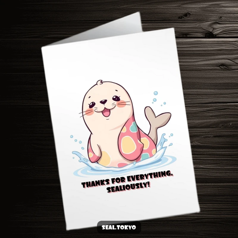 Funny Free Printable Thank You Card: A cute seal in a kimono splashing water, offering thanks with playful energy.