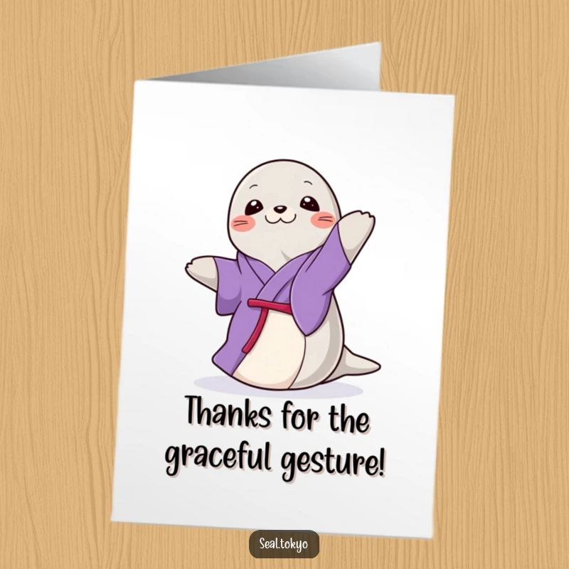 Funny Free Printable Thank You Card: A graceful seal in a purple kimono doing a gentle spin, offering thanks.