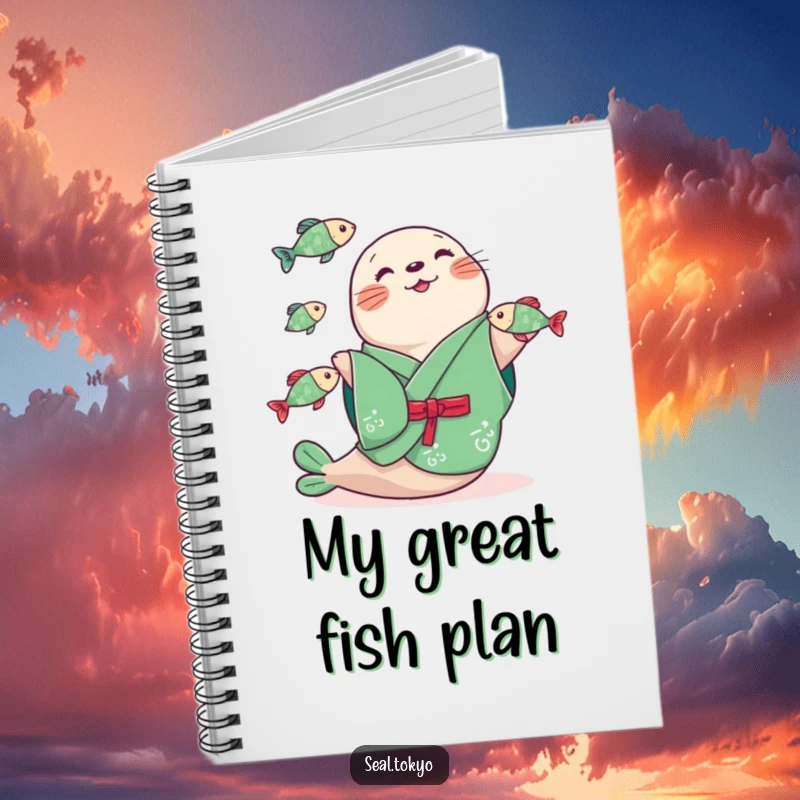 Funny seal in a green kimono juggling three fish, on the cover of a notebook, perfect for jotting down funny thoughts and ideas.