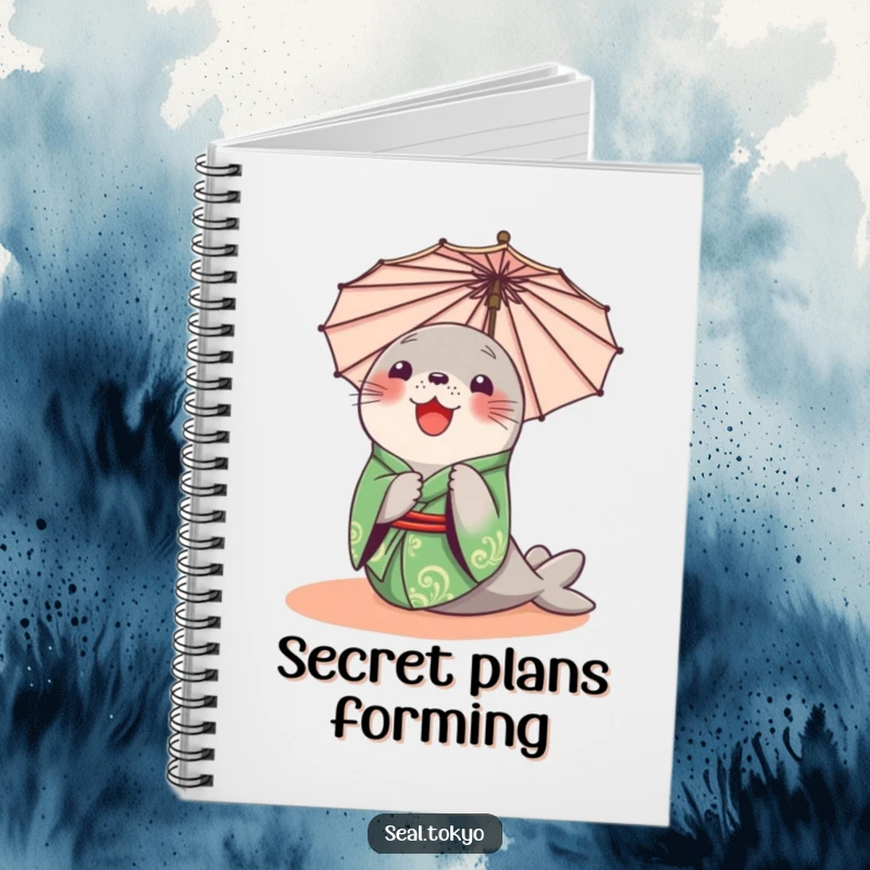 Funny Seal Notebook: A delighted cartoon seal in a green kimono, curiously peeking from behind a parasol, ideal for note-taking.