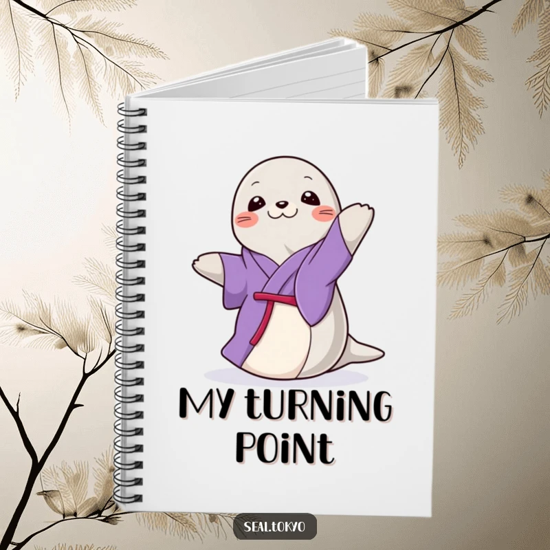 Funny Seal Notebook: A graceful cartoon seal in a purple kimono, doing a gentle, elegant spin, ideal for elegant writing.