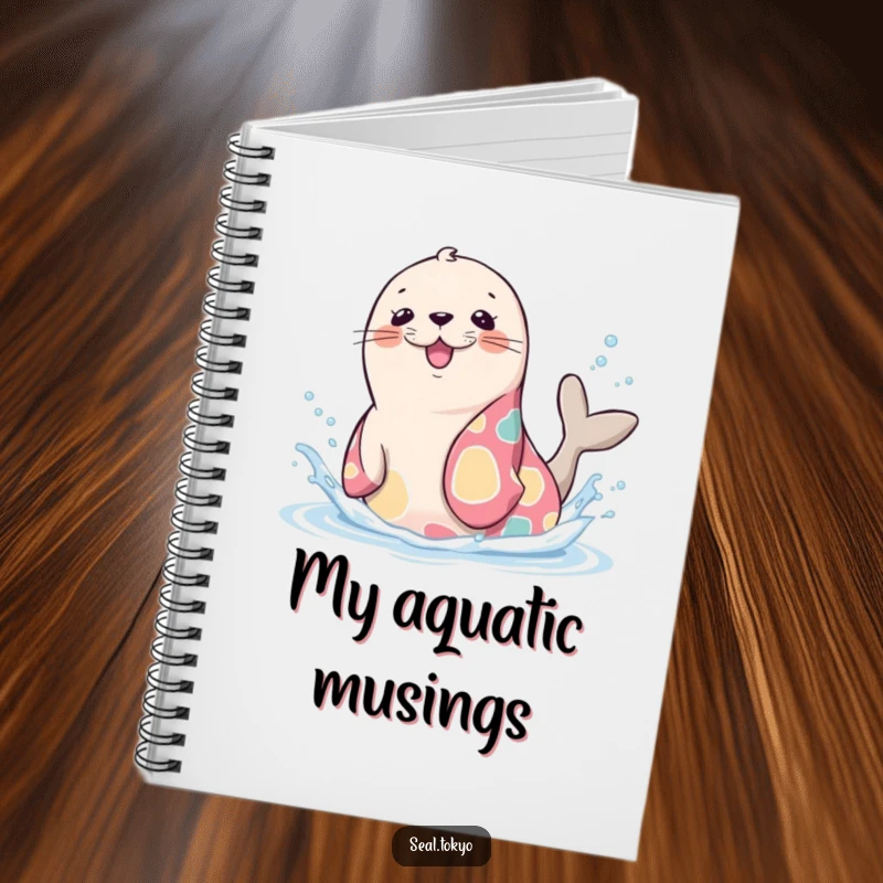 Funny Seal Notebook: A cute cartoon seal in a vibrant kimono, playfully splashing water, ideal for jotting notes.