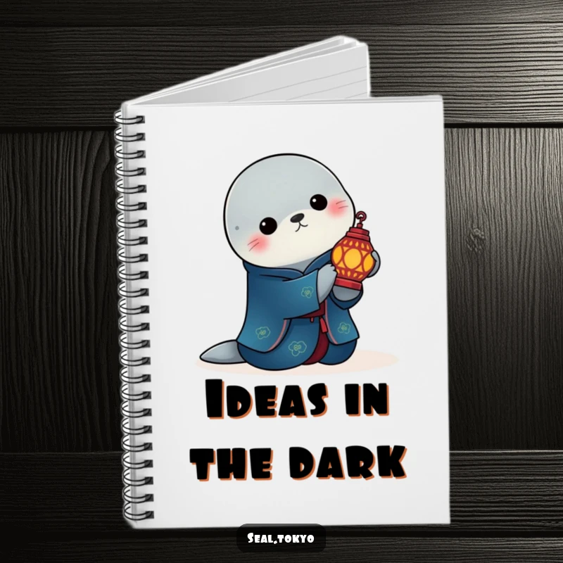 Funny elegant seal in a deep blue kimono holds a lit ornate lantern on the cover of a notebook, perfect for thoughtful writing.