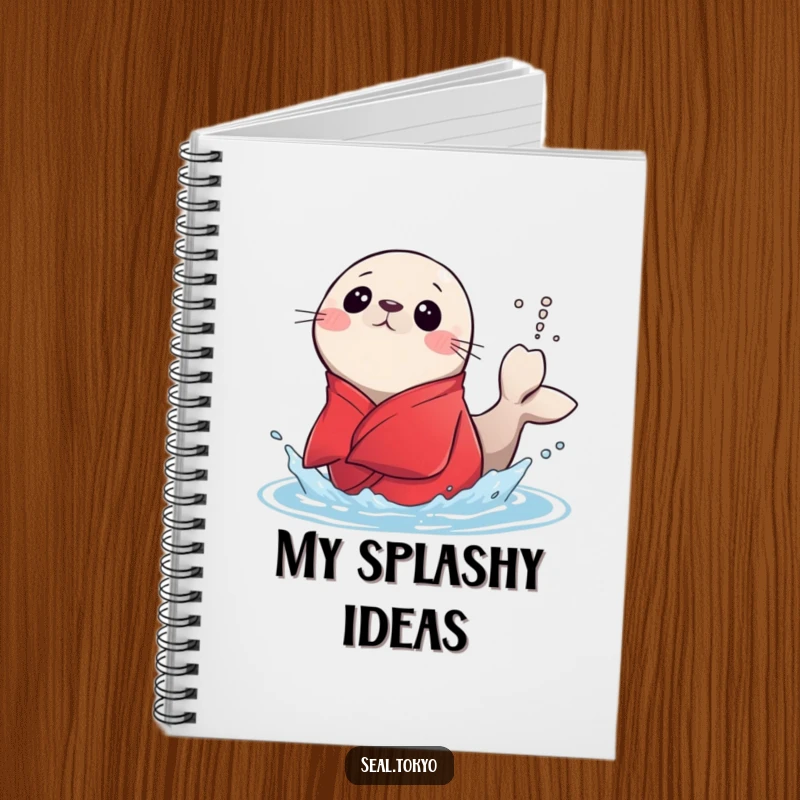 Funny surprised seal in a red kimono splashes water with its tail on the cover of a notebook, ideal for recording surprising ideas.