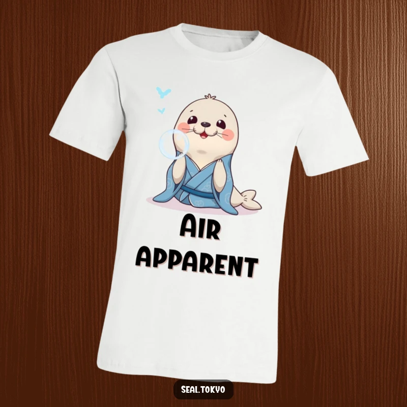 Funny Seal T-Shirt: A smiling seal in a blue kimono, gracefully blowing a bubble ring, conveying peace.