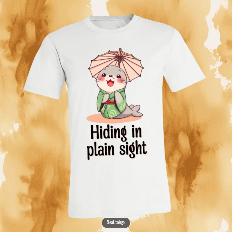 Funny Seal T-Shirt: A delighted cartoon seal in a green kimono, curiously peeking from behind a parasol, full of mischief.