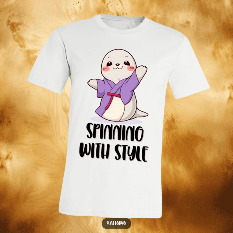 Funny Seal T-Shirt: A graceful cartoon seal in a purple kimono, doing a gentle, elegant spin, conveying sophistication.