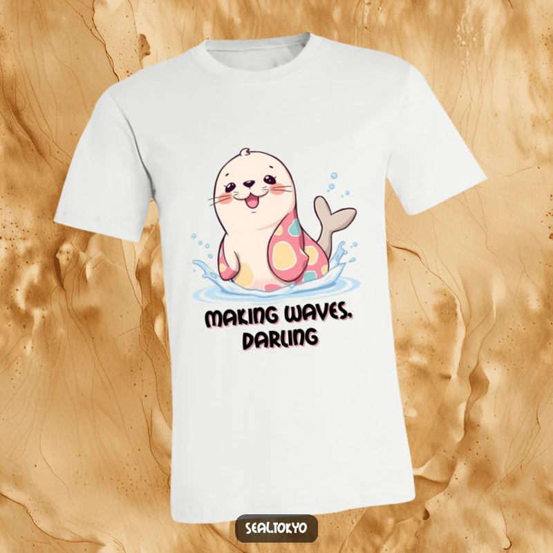 Funny Seal T-Shirt: A cute cartoon seal in a vibrant kimono, joyfully splashing water, perfect for playtime.